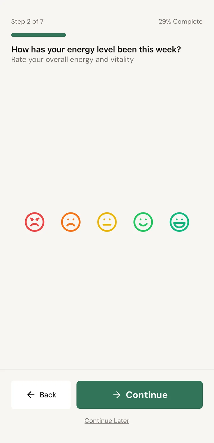A check-in question in the client app: rating weekly energy level