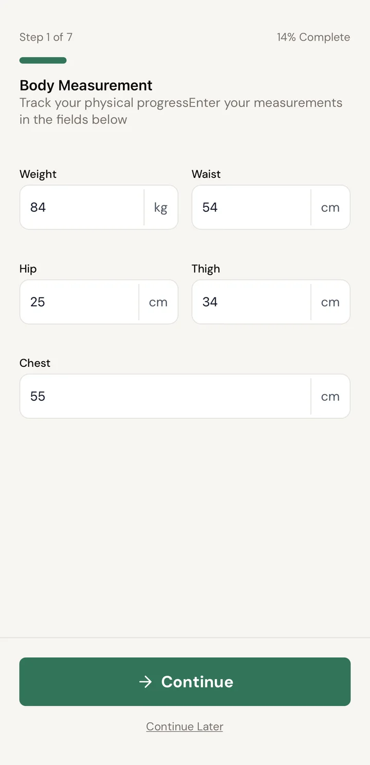 Body measurement step: weight, waist, hip, thigh and chest fields