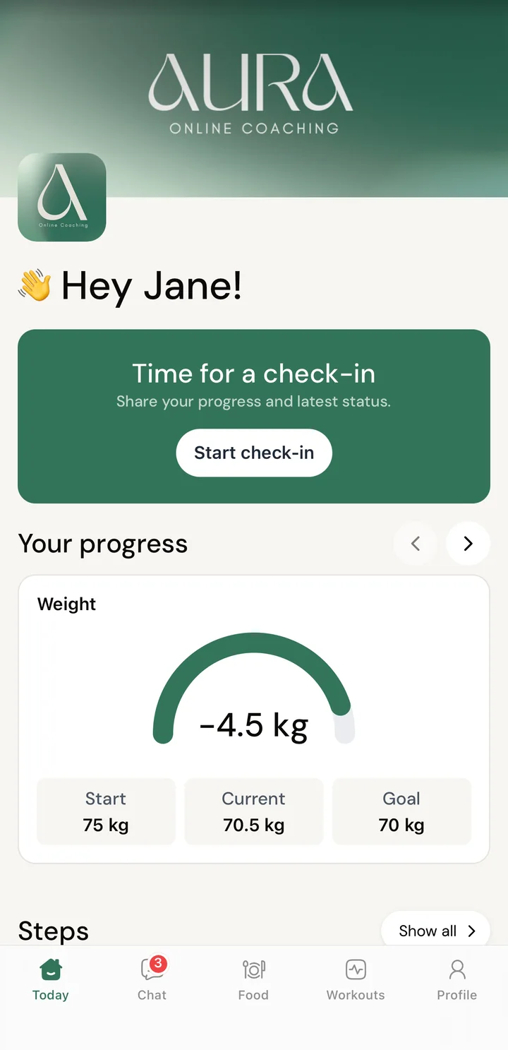 The Today screen of a client's branded app: check-in prompt, weight progress and steps