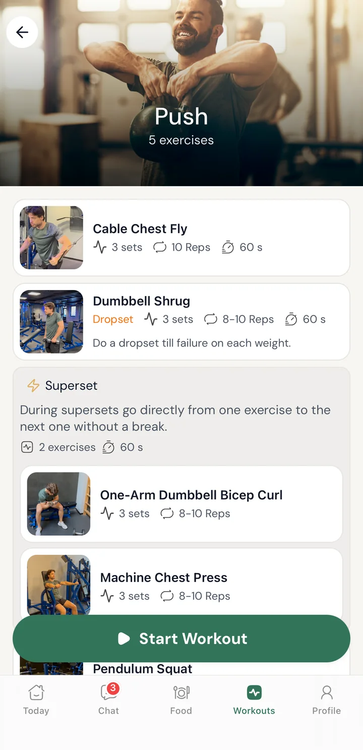 A workout in the client app: Push day with five exercises, sets and reps