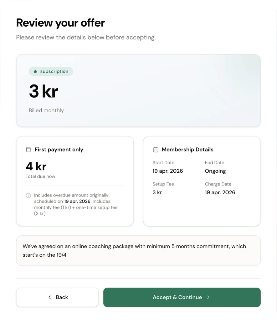 The Review your offer step in Coachway checkout: the agreed coaching terms, a billing summary and an Accept and Continue button the client must tap before paying