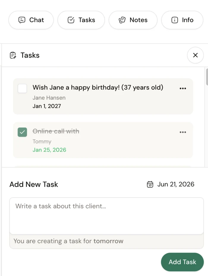 The Tasks panel on a client profile in Coachway, next to Chat, Notes and Info, with tasks and due dates