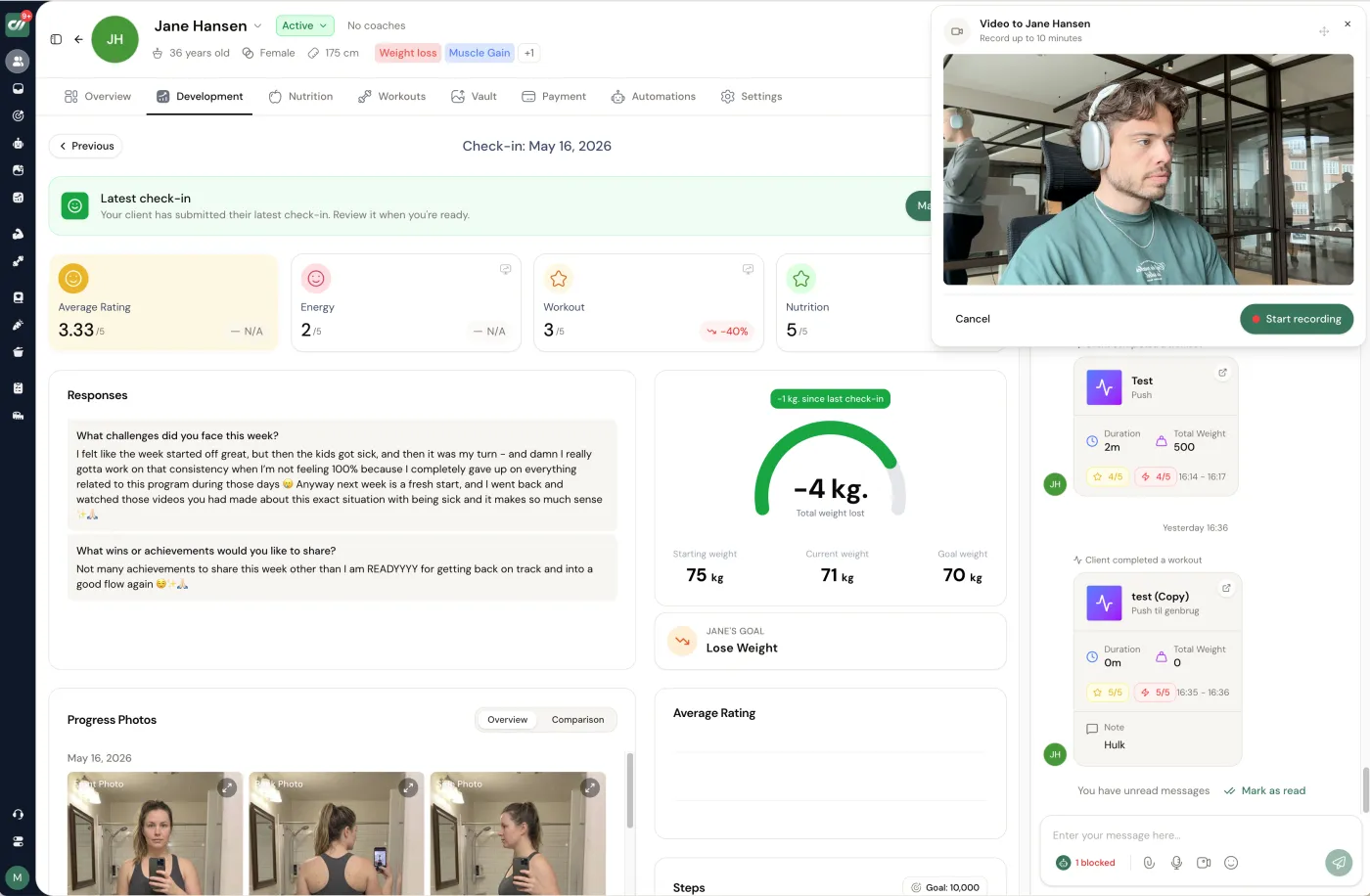 Coachway check-ins - ratings, client responses, the weight trend and progress photos on one tab