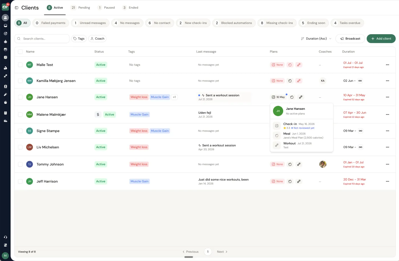 Coachway clients list - every client in one table with status, tags, plans and last contact