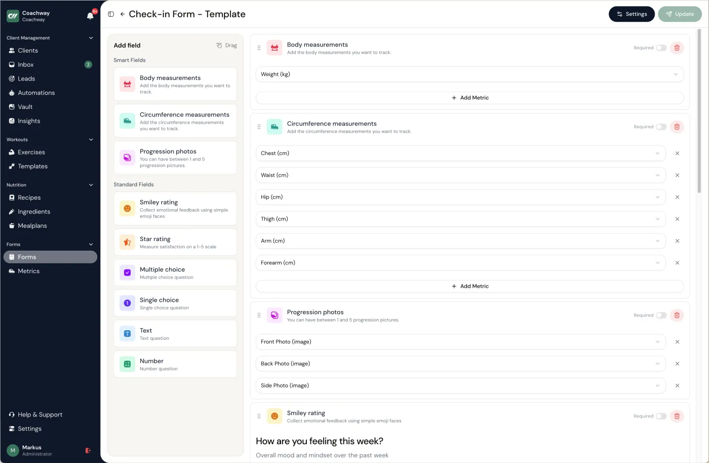 Coachway forms - a check-in form builder with smart fields for measurements, photos and ratings
