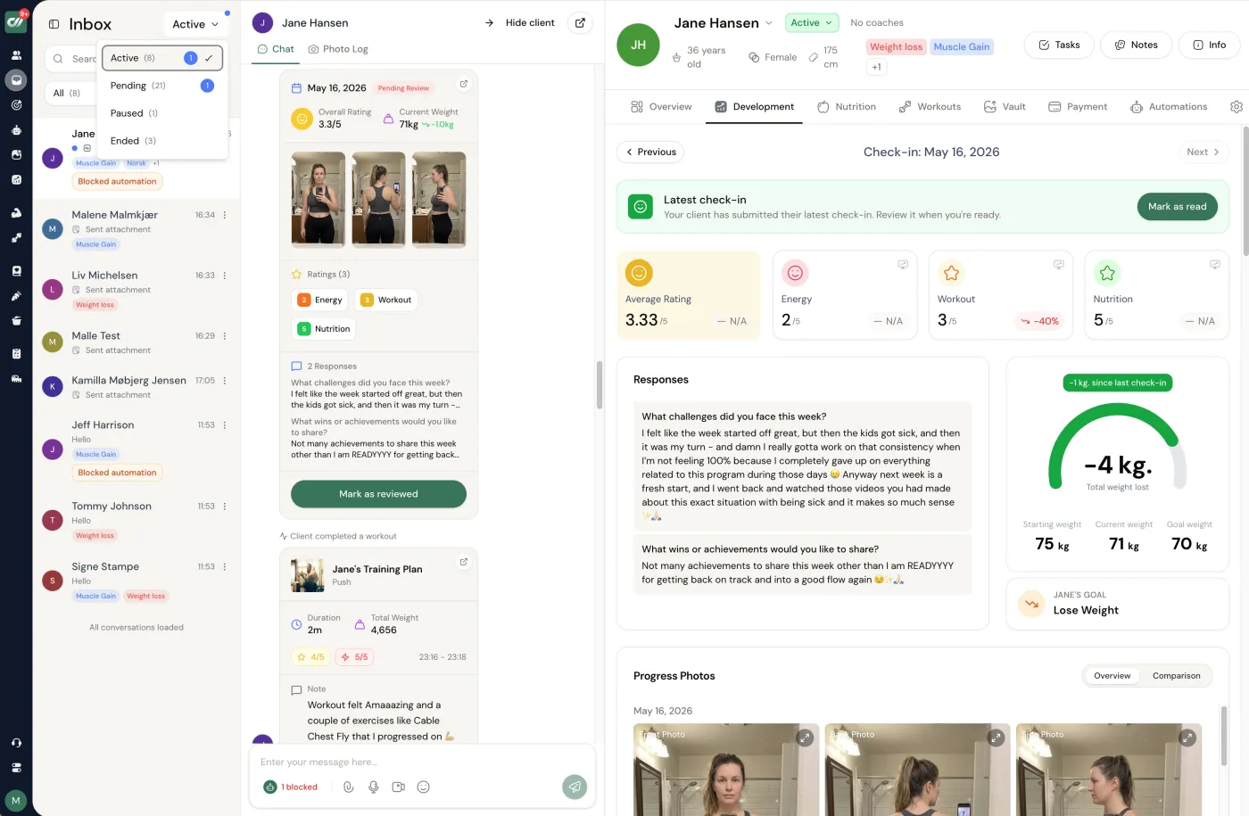 Coachway inbox - the client conversation open beside the full client profile on one screen
