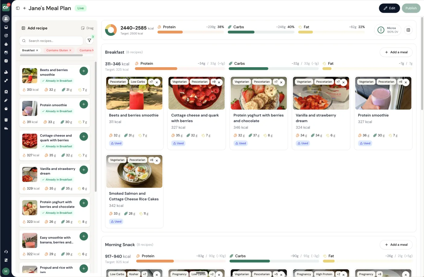 Coachway meal plan - daily calories and macros with recipe cards and dietary tags
