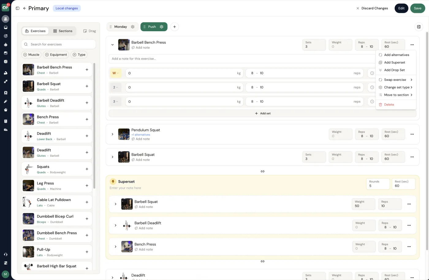 Coachway workout builder - a training program with sessions and sets beside the exercise library