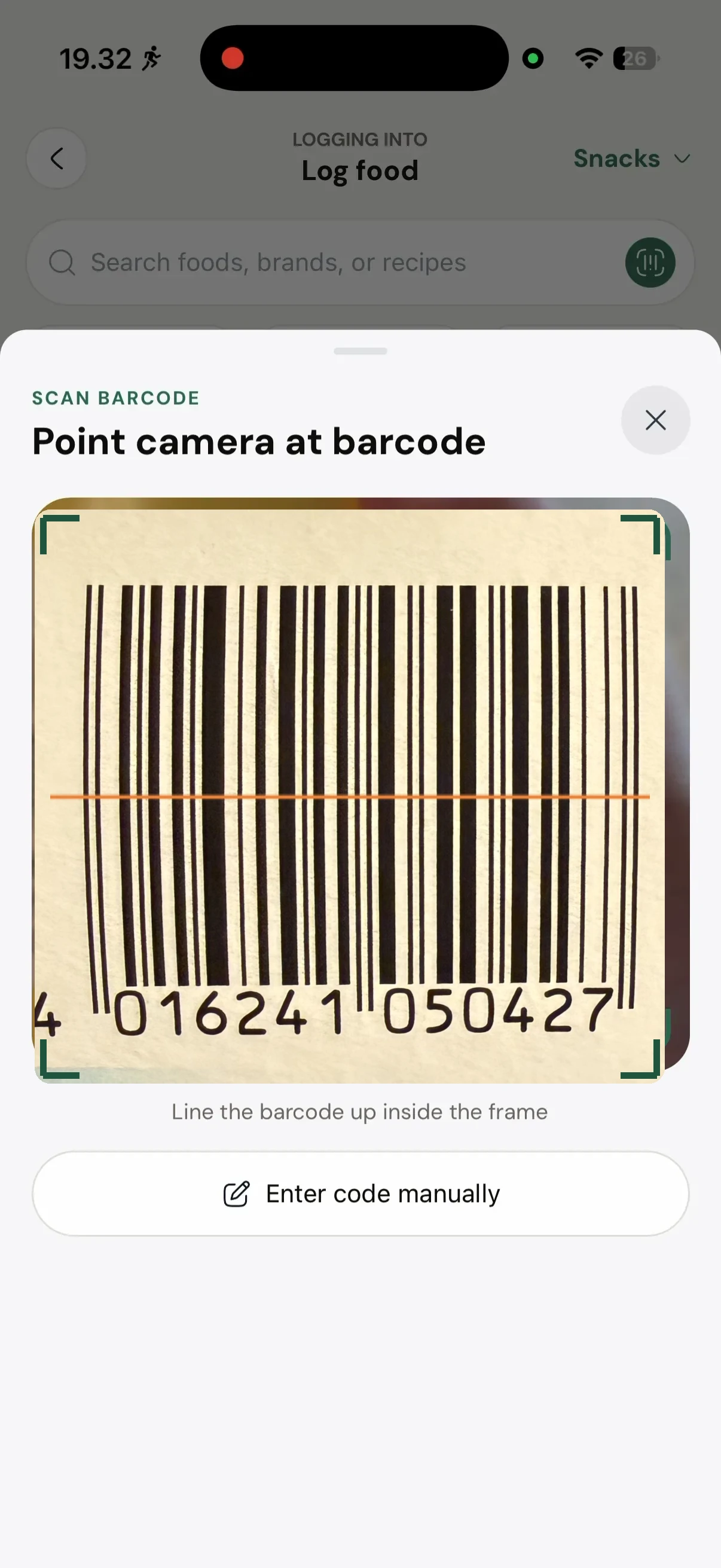 Barcode scanner in the coachway client app pointing at a product barcode