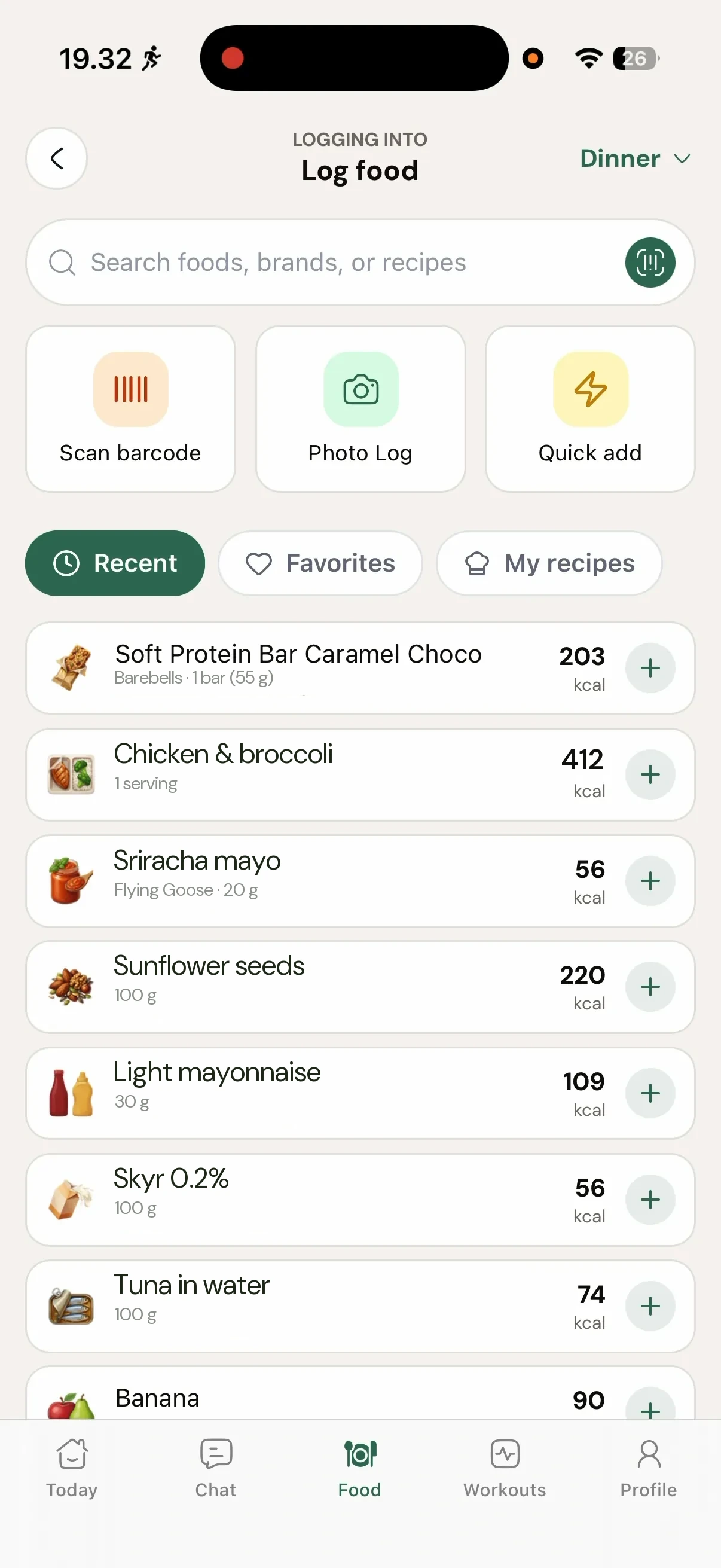 Log food screen with full access: search, barcode, photo log and quick add