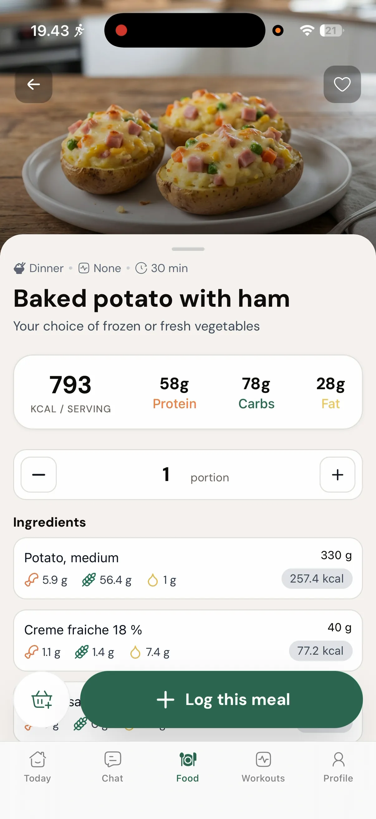 Baked potato with ham - recipe photo from a coach-built meal plan