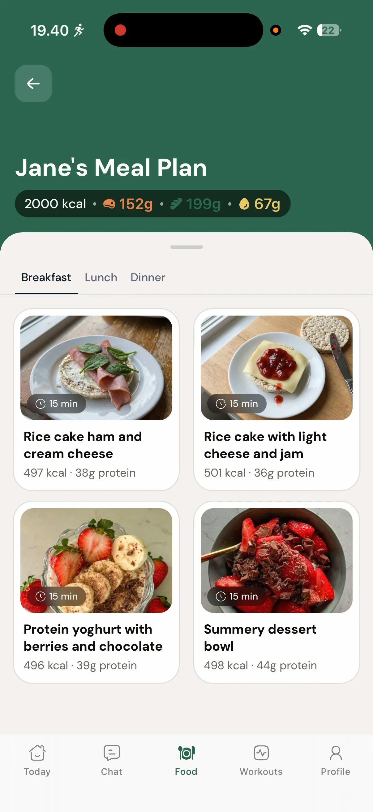 A plan-only client's view: the meal plan you set, meals and recipes only, no logging